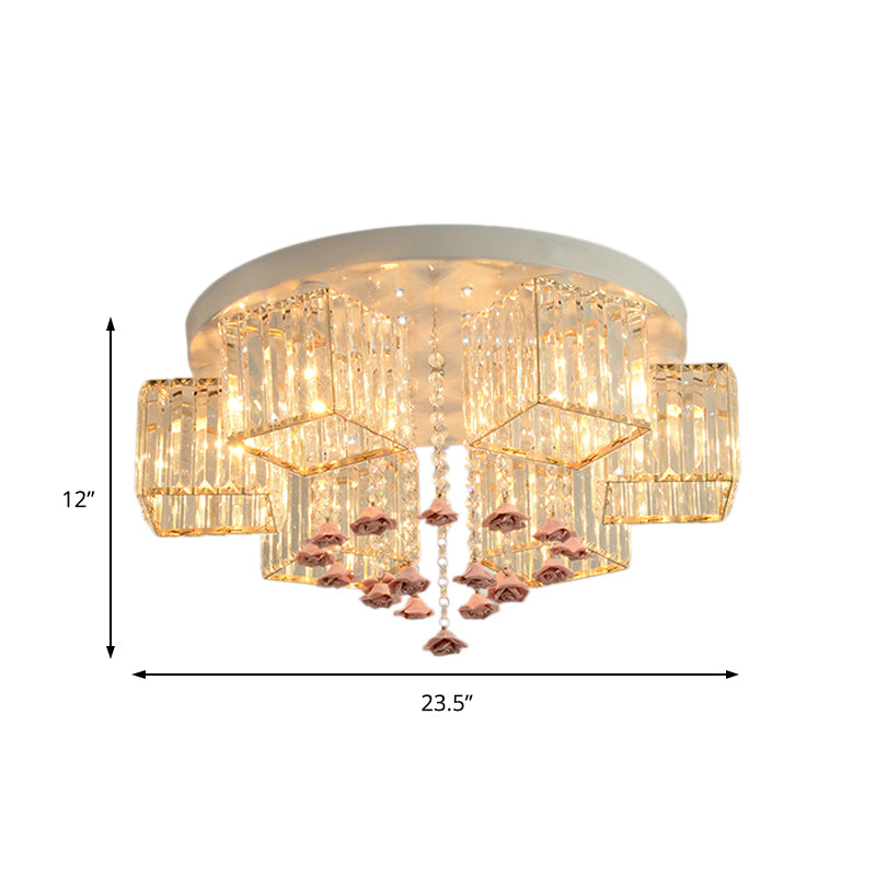 19.5"/23.5" Dia Modern Cubic Flush Light Crystal 5/6 Heads Living Room Ceiling Flush Mount with Pink Rose Draping Clearhalo 'Ceiling Lights' 'Close To Ceiling Lights' 'Close to ceiling' 'Flush mount' Lighting' 224704