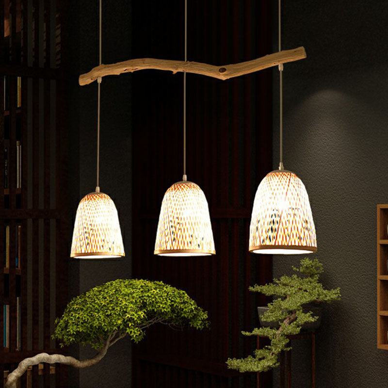 Bell Shade Pendant Light South-east Asia Bamboo 3 Heads Tea Room Hanging Island Light in Wood Clearhalo 'Ceiling Lights' 'Island Lights' Lighting' 2247064