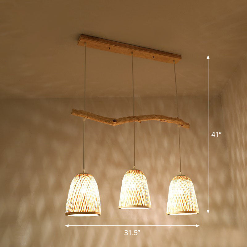 Bell Shade Pendant Light South-east Asia Bamboo 3 Heads Tea Room Hanging Island Light in Wood Wood Clearhalo 'Ceiling Lights' 'Island Lights' Lighting' 2247065
