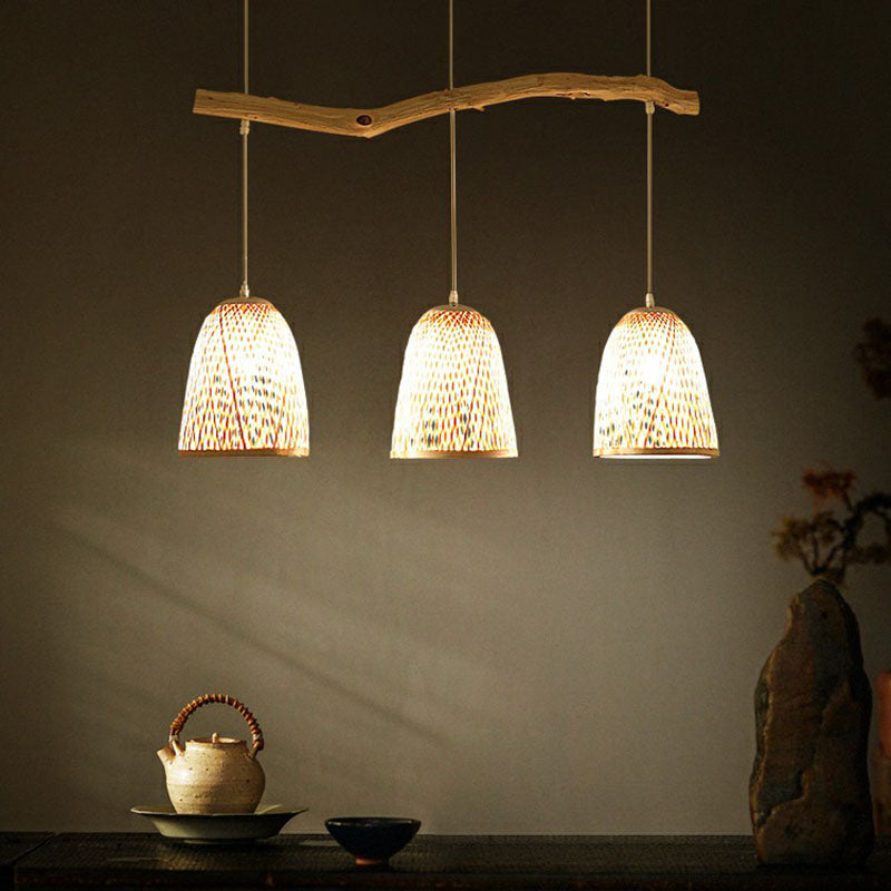 Bell Shade Pendant Light South-east Asia Bamboo 3 Heads Tea Room Hanging Island Light in Wood Clearhalo 'Ceiling Lights' 'Island Lights' Lighting' 2247066