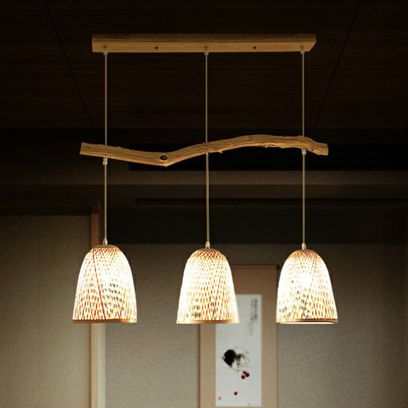 Bell Shade Pendant Light South-east Asia Bamboo 3 Heads Tea Room Hanging Island Light in Wood Clearhalo 'Ceiling Lights' 'Island Lights' Lighting' 2247067