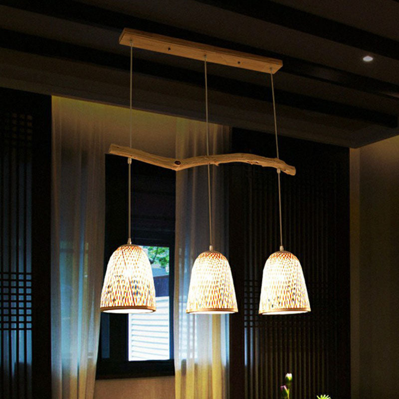 Bell Shade Pendant Light South-east Asia Bamboo 3 Heads Tea Room Hanging Island Light in Wood Clearhalo 'Ceiling Lights' 'Island Lights' Lighting' 2247068