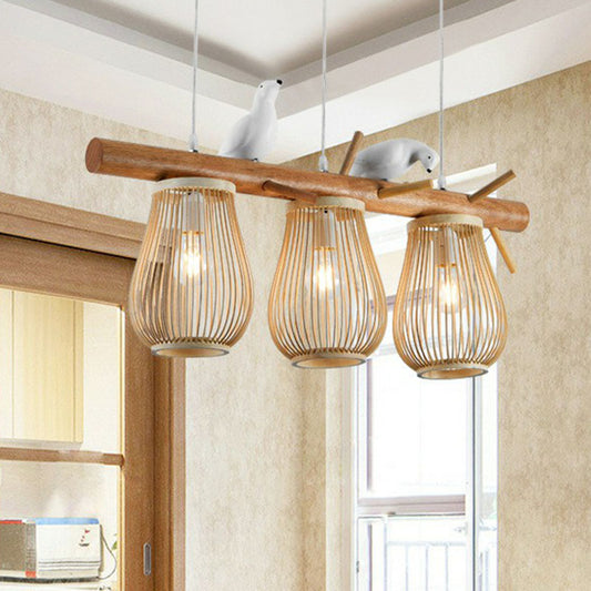 Nordic Style Pear-Shaped Pendant Light Bamboo Dining Room Hanging Island Light with Bird Decor in Wood 3 Wood Clearhalo 'Ceiling Lights' 'Island Lights' Lighting' 2247070