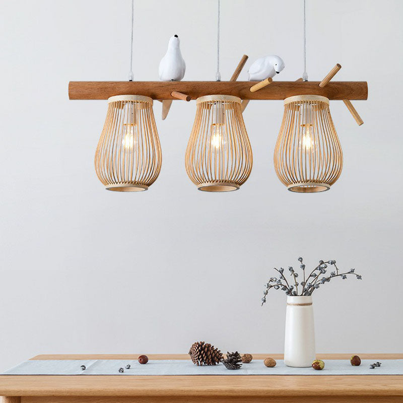 Nordic Style Pear-Shaped Pendant Light Bamboo Dining Room Hanging Island Light with Bird Decor in Wood Clearhalo 'Ceiling Lights' 'Island Lights' Lighting' 2247071