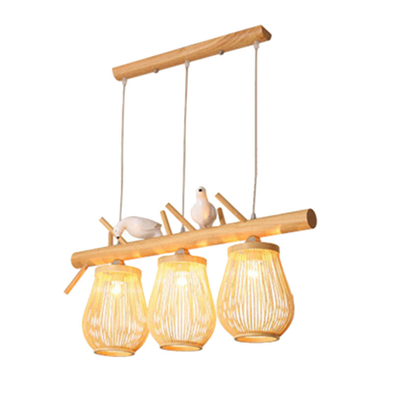 Nordic Style Pear-Shaped Pendant Light Bamboo Dining Room Hanging Island Light with Bird Decor in Wood Clearhalo 'Ceiling Lights' 'Island Lights' Lighting' 2247073
