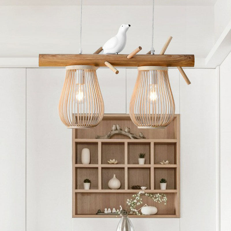 Nordic Style Pear-Shaped Pendant Light Bamboo Dining Room Hanging Island Light with Bird Decor in Wood 2 Wood Clearhalo 'Ceiling Lights' 'Island Lights' Lighting' 2247074