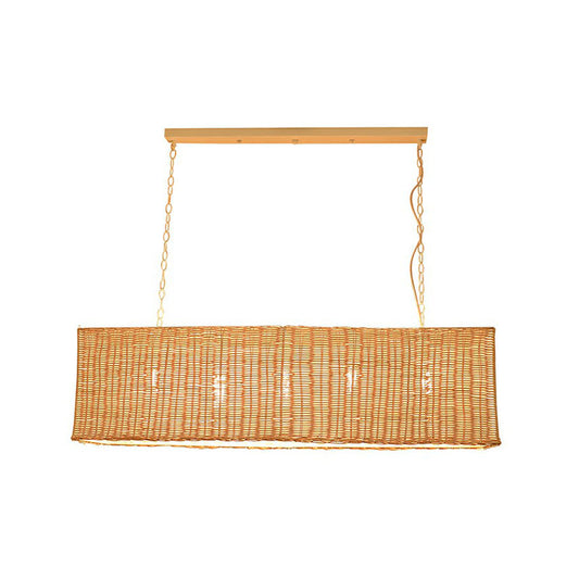 Rectangular Restaurant Hanging Lamp Rattan 3 Heads Minimalist Island Chandelier Light in Wood Clearhalo 'Ceiling Lights' 'Island Lights' Lighting' 2247086