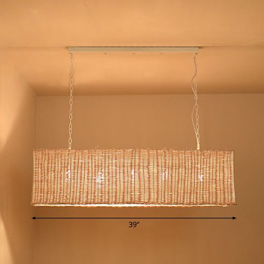 Rectangular Restaurant Hanging Lamp Rattan 3 Heads Minimalist Island Chandelier Light in Wood Wood Clearhalo 'Ceiling Lights' 'Island Lights' Lighting' 2247087