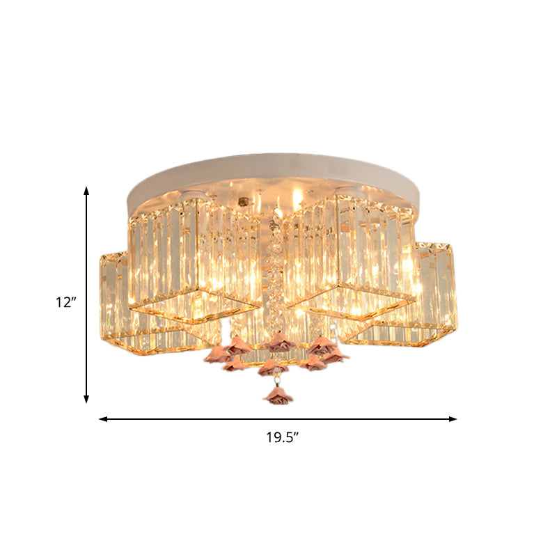 19.5"/23.5" Dia Modern Cubic Flush Light Crystal 5/6 Heads Living Room Ceiling Flush Mount with Pink Rose Draping Clearhalo 'Ceiling Lights' 'Close To Ceiling Lights' 'Close to ceiling' 'Flush mount' Lighting' 224709