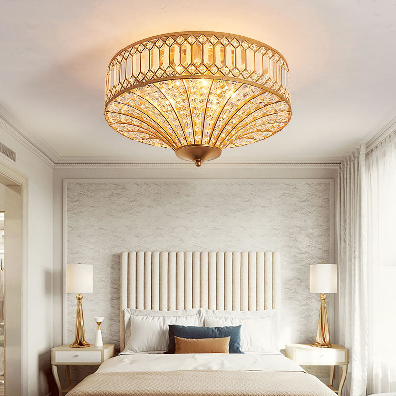 16"/19.5" W 5 Lights Bedroom Ceiling Light Chinese Style Flared Crystal Flush Mount Lamp in Gold Clearhalo 'Ceiling Lights' 'Close To Ceiling Lights' 'Close to ceiling' 'Flush mount' Lighting' 224712