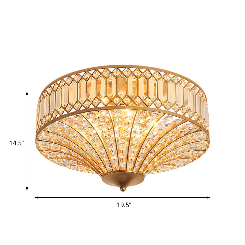 16"/19.5" W 5 Lights Bedroom Ceiling Light Chinese Style Flared Crystal Flush Mount Lamp in Gold Clearhalo 'Ceiling Lights' 'Close To Ceiling Lights' 'Close to ceiling' 'Flush mount' Lighting' 224714