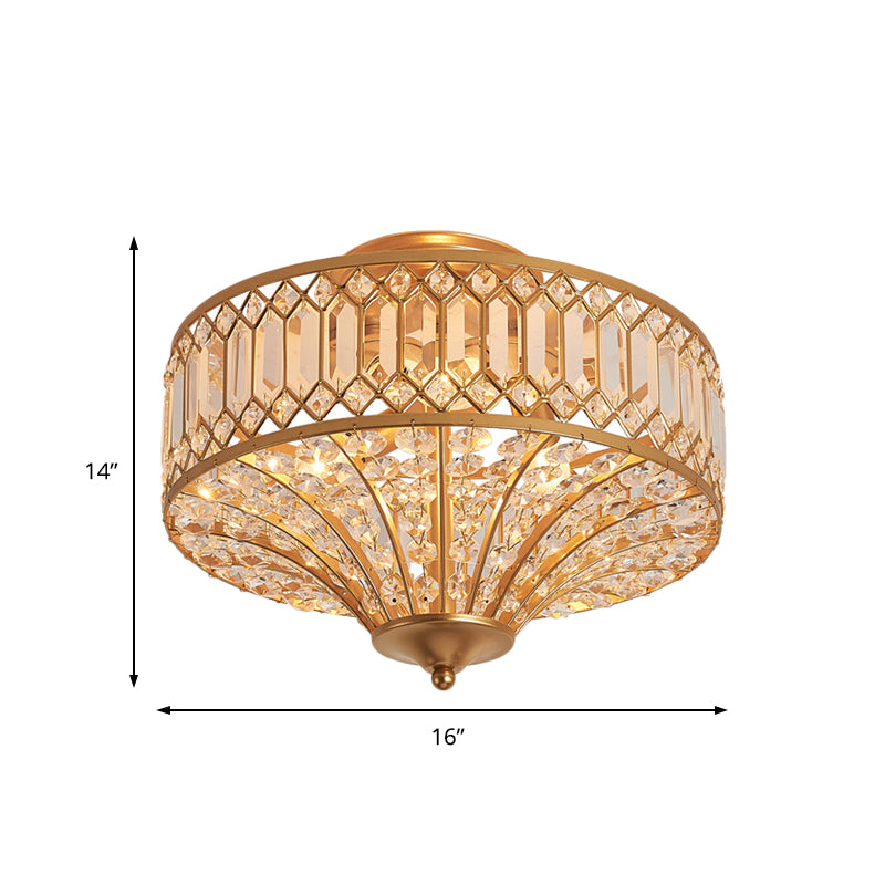 16"/19.5" W 5 Lights Bedroom Ceiling Light Chinese Style Flared Crystal Flush Mount Lamp in Gold Clearhalo 'Ceiling Lights' 'Close To Ceiling Lights' 'Close to ceiling' 'Flush mount' Lighting' 224719