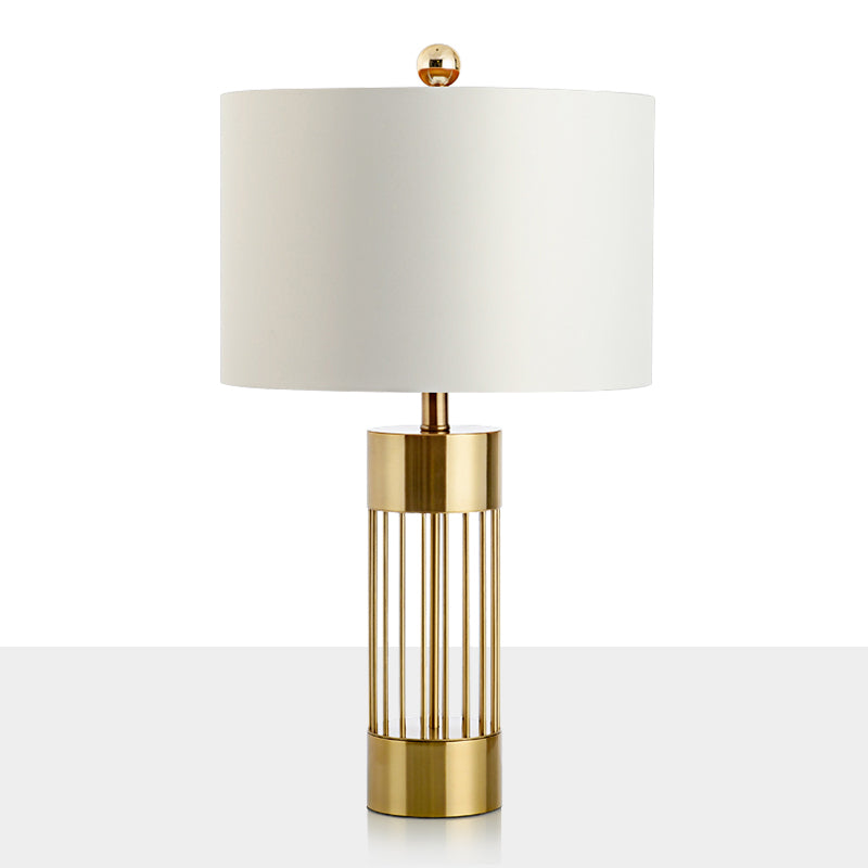 Cylinder Table Light Contemporary Metallic Single-Bulb Bedside Nightstand Lamp with Drum Fabric Shade in White Clearhalo 'Lamps' 'Table Lamps' Lighting' 2247347