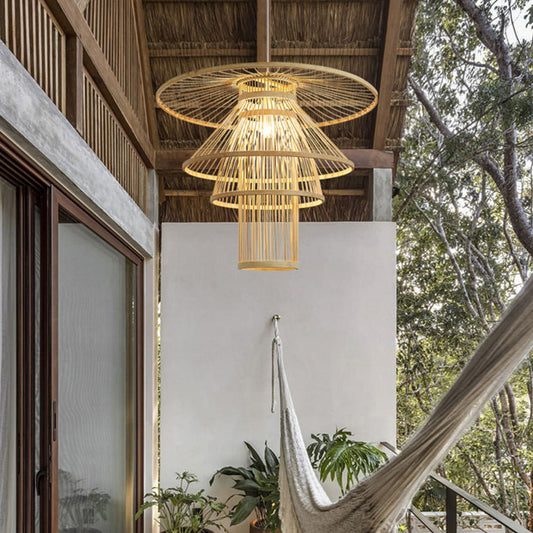 Wood Layered Suspension Light Simplicity 1 Bulb Bamboo Pendant Lighting for Tea Room Clearhalo 'Ceiling Lights' 'Lighting' 'Pendant Lights' 2247871_dc3b1c58-cc9a-4ab9-a7a3-479999b3cd09