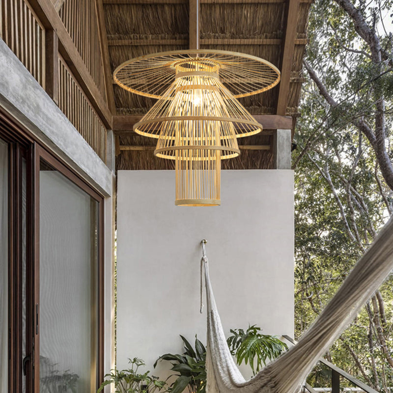 Wood Layered Suspension Light Simplicity 1��Bulb Bamboo Pendant Lighting for Tea Room Wood Clearhalo 'Ceiling Lights' 'Pendant Lights' 'Pendants' Lighting' 2247872_ca3d45b7-31de-476c-9e8a-e249fca2e6d0