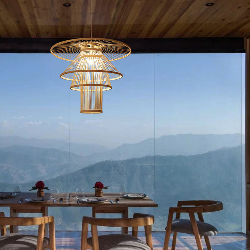 Wood Layered Suspension Light Simplicity 1 Bulb Bamboo Pendant Lighting for Tea Room Clearhalo 'Ceiling Lights' 'Lighting' 'Pendant Lights' 2247874_4175fa4d-de3a-42df-ae7b-c9e4b6750266