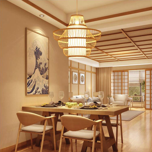 Lantern Shaded Restaurant Ceiling Light Bamboo Single Modern Hanging Pendant Light in Wood Clearhalo 'Ceiling Lights' 'Pendant Lights' 'Pendants' Lighting' 2247897