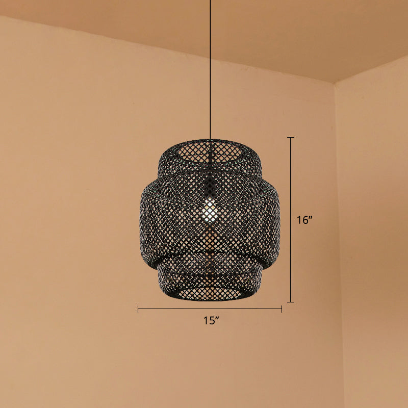 Layered Pendant Light Contemporary Bamboo Single-Bulb Restaurant Suspension Light Fixture Black 15" Clearhalo 'Ceiling Lights' 'Pendant Lights' 'Pendants' Lighting' 2247947_99a4d884-e993-460e-ae00-d7ae365f3b42