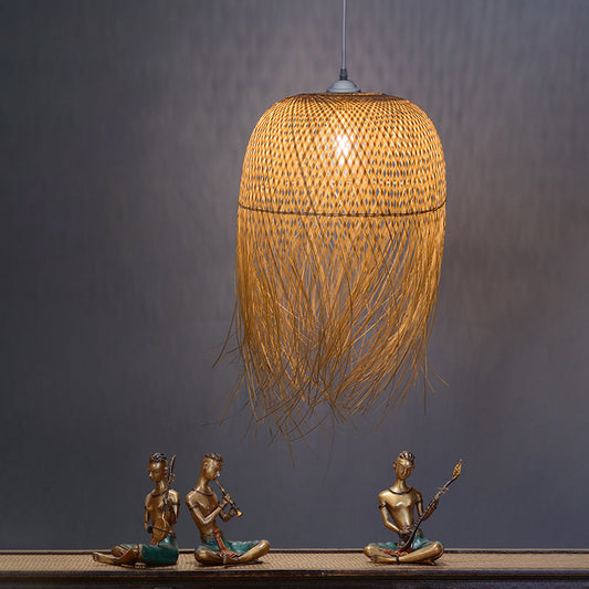 Bamboo Fringed Bell Ceiling Light Asian Style 1��Bulb Wood Hanging Lighting Fixture Clearhalo 'Ceiling Lights' 'Pendant Lights' 'Pendants' Lighting' 2247964