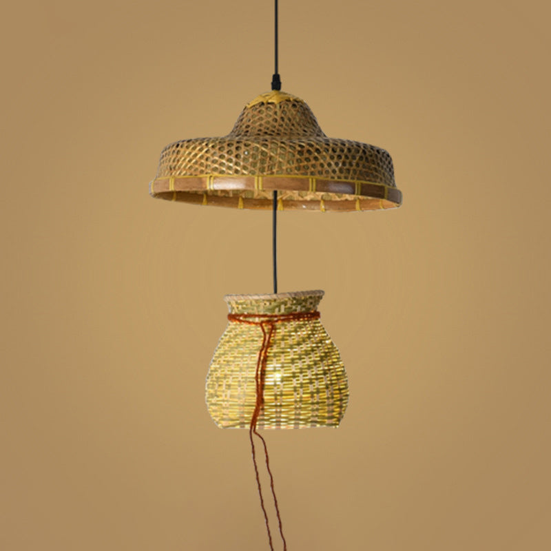 Wood Straw Hat Suspension Light Simplicity 1-Light Bamboo Pendant Lighting Fixture Clearhalo 'Ceiling Lights' 'Pendant Lights' 'Pendants' Lighting' 2248080