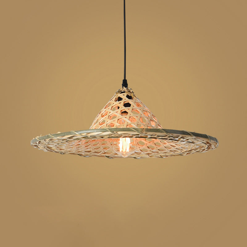 Wood Straw Hat Suspension Light Simplicity 1-Light Bamboo Pendant Lighting Fixture Clearhalo 'Ceiling Lights' 'Pendant Lights' 'Pendants' Lighting' 2248088