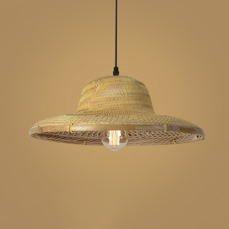 Wood Straw Hat Suspension Light Simplicity 1-Light Bamboo Pendant Lighting Fixture Clearhalo 'Ceiling Lights' 'Pendant Lights' 'Pendants' Lighting' 2248089