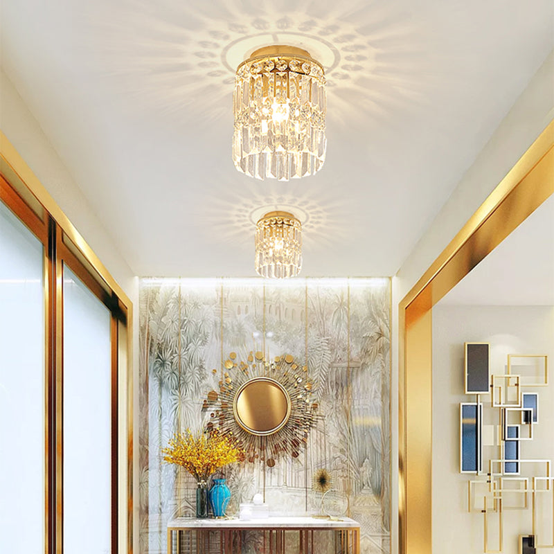 1-Light Corridor Mini Flush Lamp Simple Black/Gold Cylinder Crystal Ceiling Flush Mount Gold Clearhalo 'Ceiling Lights' 'Close To Ceiling Lights' 'Close to ceiling' 'Flush mount' Lighting' 224811