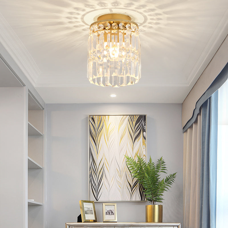 1-Light Corridor Mini Flush Lamp Simple Black/Gold Cylinder Crystal Ceiling Flush Mount Clearhalo 'Ceiling Lights' 'Close To Ceiling Lights' 'Close to ceiling' 'Flush mount' Lighting' 224812