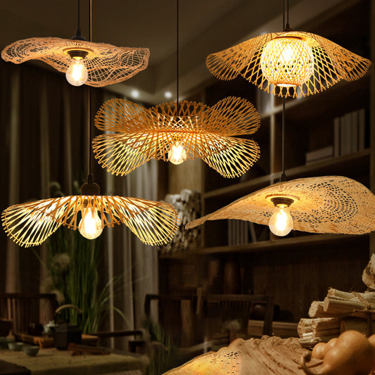 Lotus Leaf Restaurant Ceiling Light Bamboo 1 Bulb Asian Style Hanging Light Fixture in Wood Clearhalo 'Ceiling Lights' 'Lighting' 'Pendant Lights' 2248139_a446aa9e-9ea3-4a82-8f77-a2f0ba54555b