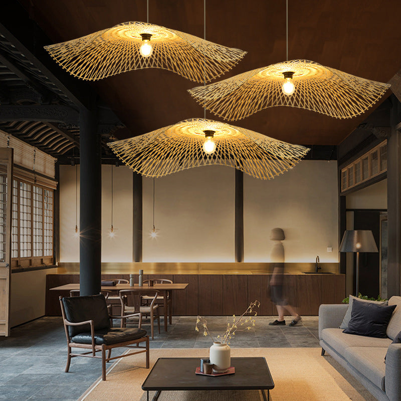 Lotus Leaf Ceiling Lighting Asian Style Bamboo 1 Bulb Wood Hanging Light for Restaurant Clearhalo 'Ceiling Lights' 'Lighting' 'Pendant Lights' 2248175_f9e91753-3b23-4aa6-8583-2b6cda4111f3