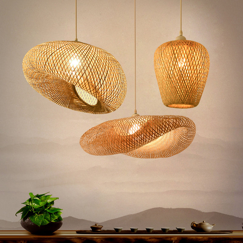 Wood Woven Suspension Lighting Simplicity 1-Light Bamboo Pendant Light for Tea Room Clearhalo 'Ceiling Lights' 'Pendant Lights' 'Pendants' Lighting' 2248203