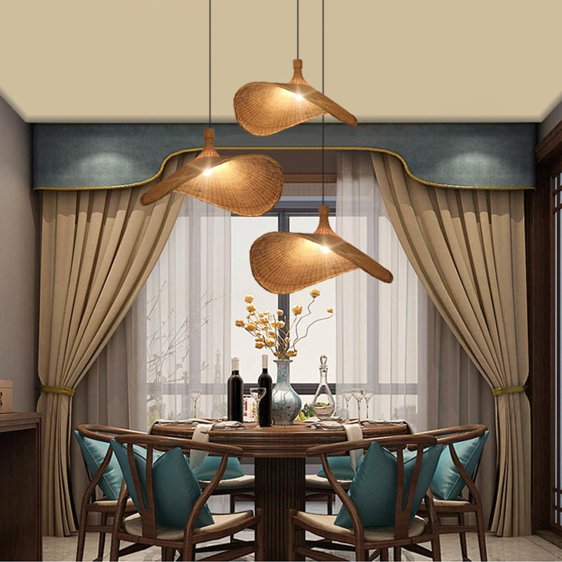 Hat Shaped Bamboo Ceiling Lighting Asian Style 1��Bulb Wood Hanging Light for Restaurant Clearhalo 'Ceiling Lights' 'Pendant Lights' 'Pendants' Lighting' 2248217