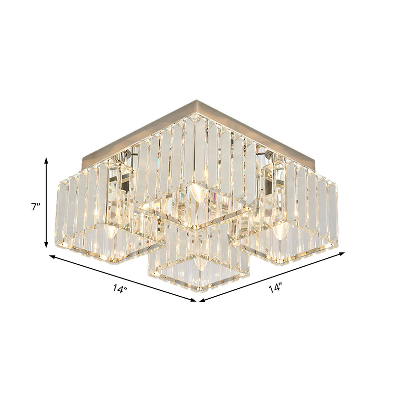 Crystal Square/Rectangle Flush Light Simplicity 4/6 Heads Chrome Ceiling Mount Light Fixture for Living Room Clearhalo 'Ceiling Lights' 'Close To Ceiling Lights' 'Close to ceiling' 'Flush mount' Lighting' 224822