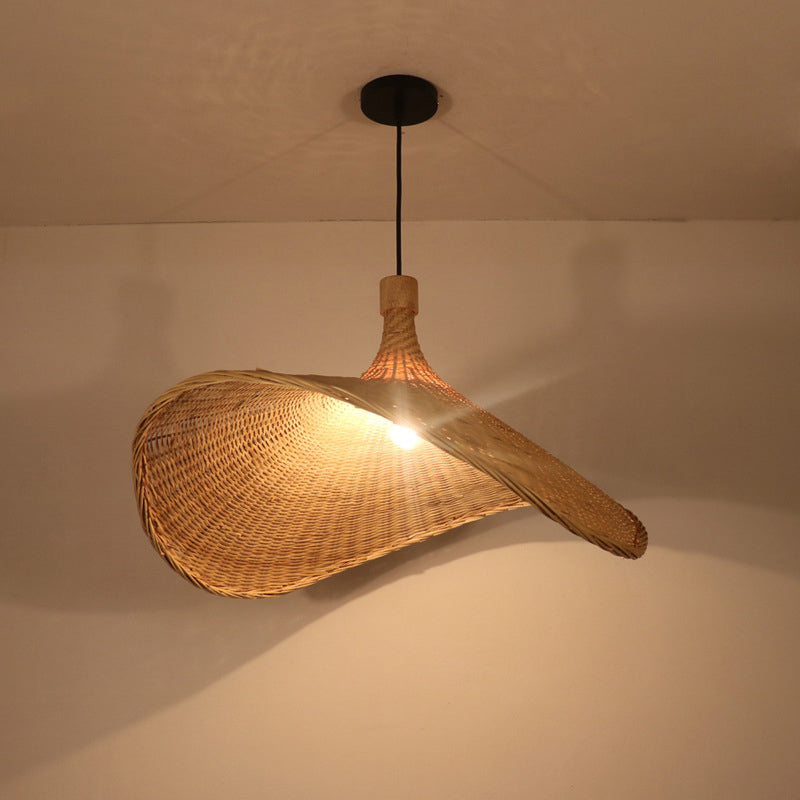 Hat Shaped Bamboo Ceiling Lighting Asian Style 1��Bulb Wood Hanging Light for Restaurant Clearhalo 'Ceiling Lights' 'Pendant Lights' 'Pendants' Lighting' 2248220