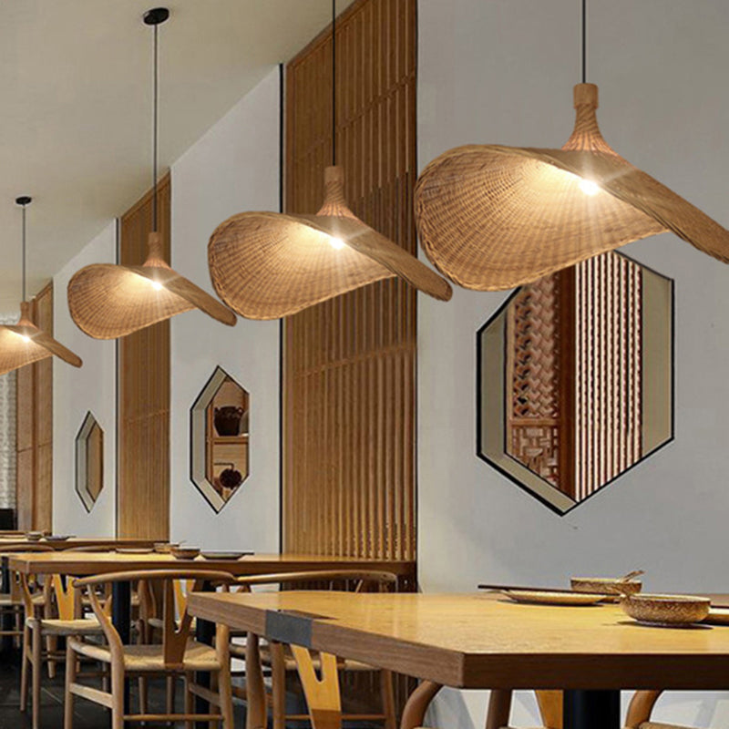 Hat Shaped Bamboo Ceiling Lighting Asian Style 1 Bulb Wood Hanging Light for Restaurant Clearhalo 'Ceiling Lights' 'Lighting' 'Pendant Lights' 2248223_b6b238b1-725f-435b-a51a-9d6716dc8c85