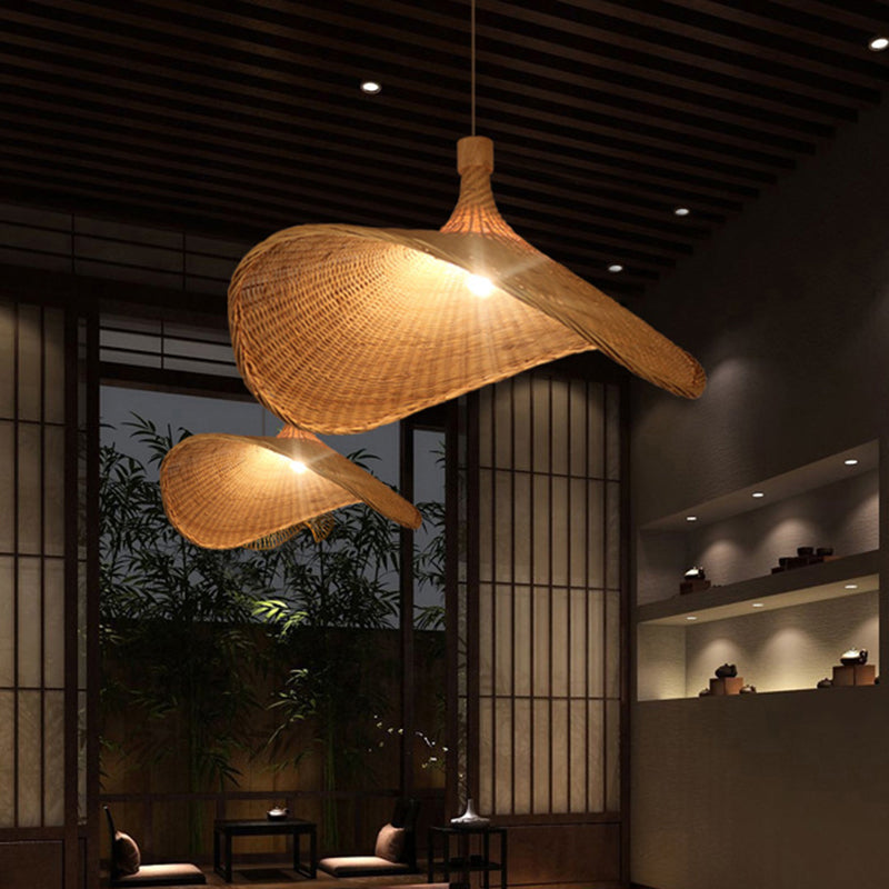 Hat Shaped Bamboo Ceiling Lighting Asian Style 1��Bulb Wood Hanging Light for Restaurant Clearhalo 'Ceiling Lights' 'Pendant Lights' 'Pendants' Lighting' 2248224