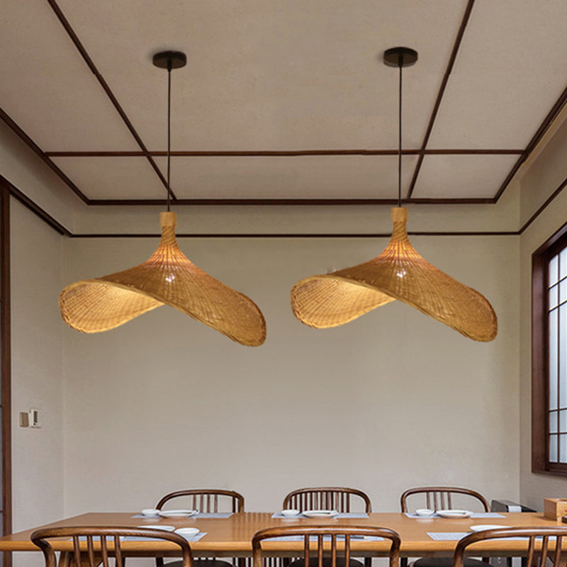 Hat Shaped Bamboo Ceiling Lighting Asian Style 1 Bulb Wood Hanging Light for Restaurant Clearhalo 'Ceiling Lights' 'Lighting' 'Pendant Lights' 2248225_23e8b722-00a7-4097-a34a-ddd6613b51d2