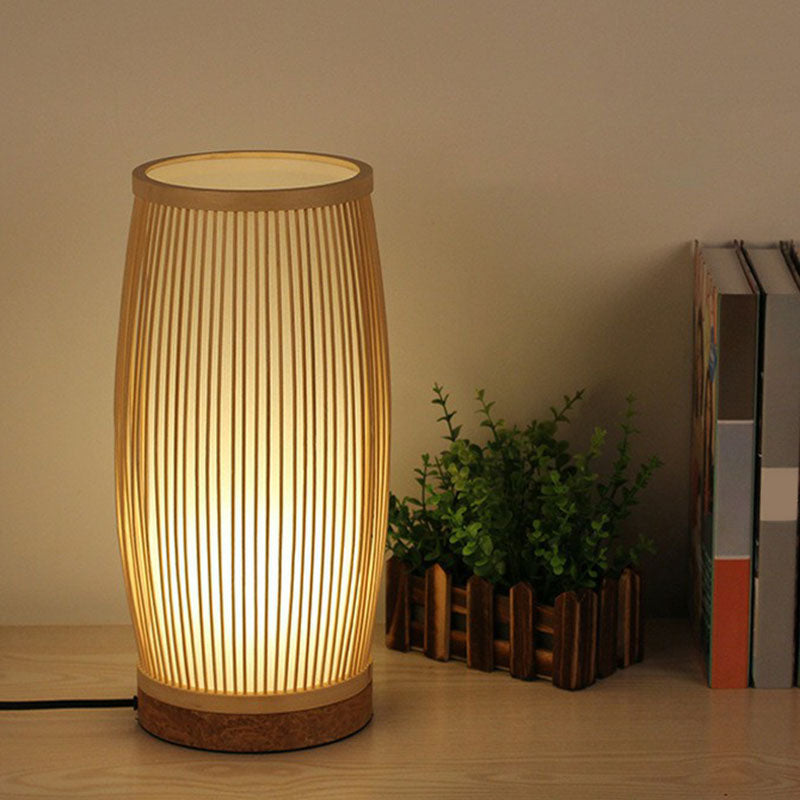 Barrel Living Room Table Lighting Bamboo 1-Light Simplicity Nightstand Lamp in Wood Wood Clearhalo 'Lamps' 'Table Lamps' Lighting' 2248250