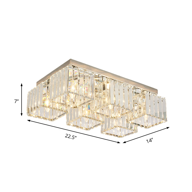 Crystal Square/Rectangle Flush Light Simplicity 4/6 Heads Chrome Ceiling Mount Light Fixture for Living Room Clearhalo 'Ceiling Lights' 'Close To Ceiling Lights' 'Close to ceiling' 'Flush mount' Lighting' 224826