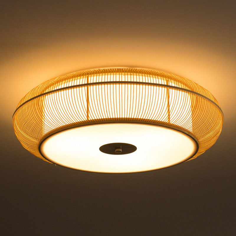 Handwoven Bamboo Curved Drum Flush Light Asian Style 1��Bulb Flush Ceiling Light Fixture Clearhalo 'Ceiling Lights' 'Close To Ceiling Lights' 'Close to ceiling' 'Flush mount' Lighting' 2248337