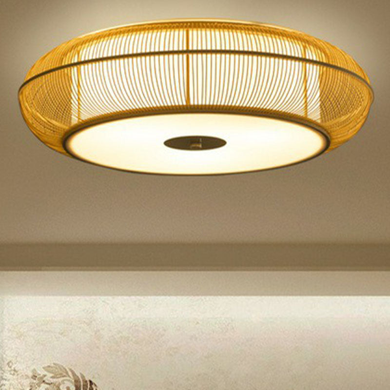 Handwoven Bamboo Curved Drum Flush Light Asian Style 1��Bulb Flush Ceiling Light Fixture Wood Clearhalo 'Ceiling Lights' 'Close To Ceiling Lights' 'Close to ceiling' 'Flush mount' Lighting' 2248339