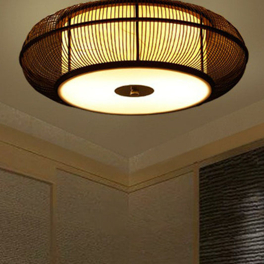 Handwoven Bamboo Curved Drum Flush Light Asian Style 1��Bulb Flush Ceiling Light Fixture Black Clearhalo 'Ceiling Lights' 'Close To Ceiling Lights' 'Close to ceiling' 'Flush mount' Lighting' 2248340