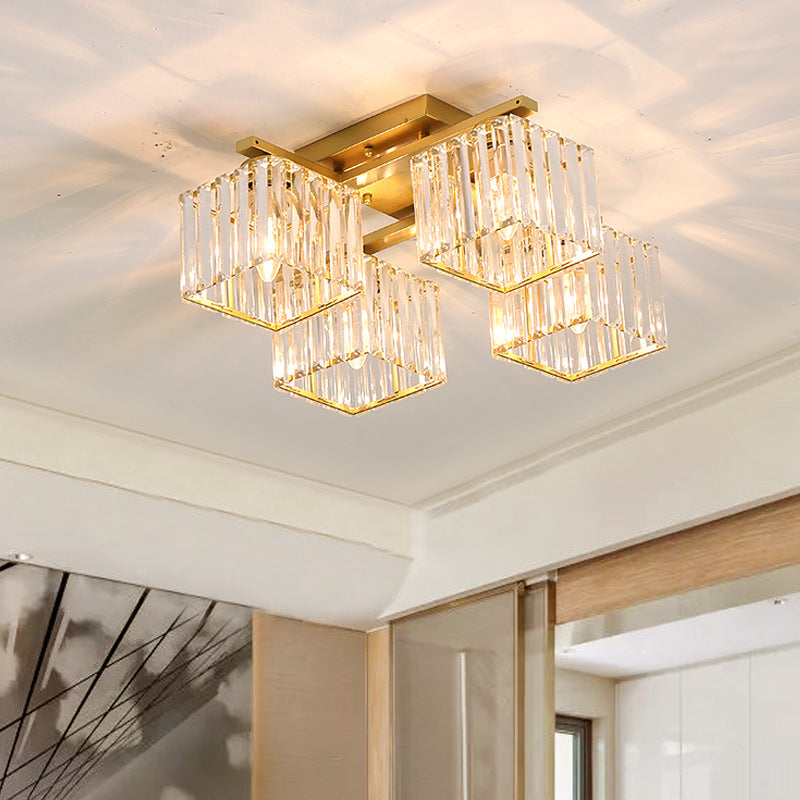 Black/Gold Cubic Living Room Flush Mount Lighting Modernist 4/6/8 Lights Crystal Ceiling Lighting 4 Gold Clearhalo 'Ceiling Lights' 'Close To Ceiling Lights' 'Close to ceiling' 'Flush mount' Lighting' 224835