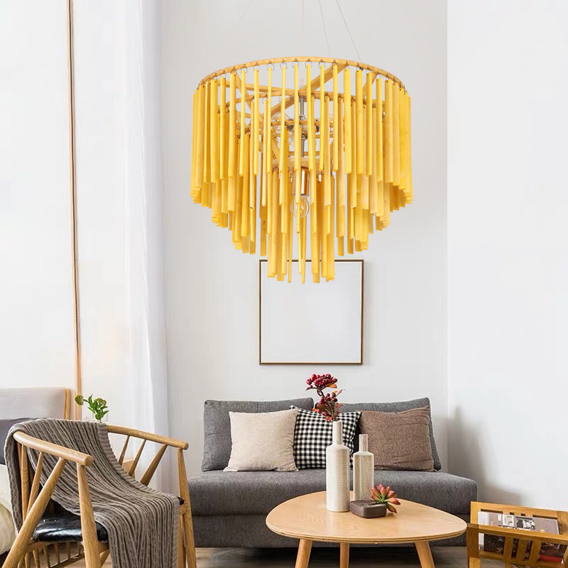 Tiered Chandelier Pendant Light Contemporary Bamboo 4 Heads Yellow Hanging Lighting for Restaurant Yellow Clearhalo 'Ceiling Lights' 'Chandeliers' Lighting' options 2248375_10b488d2-3ff2-49d8-860d-c19a1b2d99e6