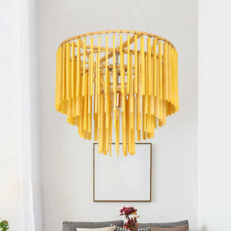 Tiered Chandelier Pendant Light Contemporary Bamboo 4 Heads Yellow Hanging Lighting for Restaurant Clearhalo 'Ceiling Lights' 'Chandeliers' Lighting' options 2248376