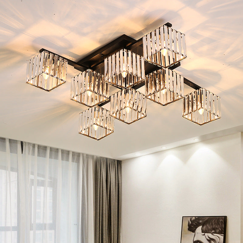 Black/Gold Cubic Living Room Flush Mount Lighting Modernist 4/6/8 Lights Crystal Ceiling Lighting 8 Black Clearhalo 'Ceiling Lights' 'Close To Ceiling Lights' 'Close to ceiling' 'Flush mount' Lighting' 224838