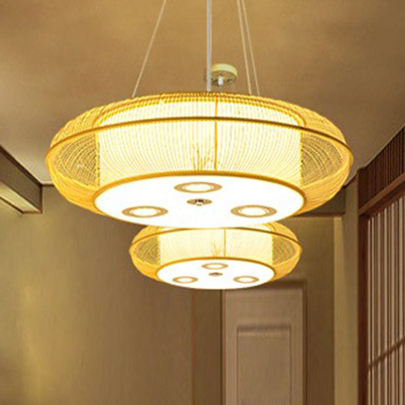 Simplicity Rounded Drum Chandelier Lighting Bamboo Restaurant Pendant Light Fixture Clearhalo 'Ceiling Lights' 'Chandeliers' Lighting' options 2248387