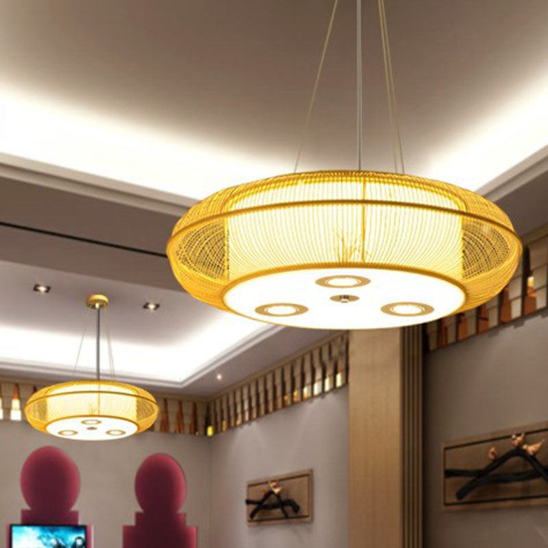 Simplicity Rounded Drum Chandelier Lighting Bamboo Restaurant Pendant Light Fixture Clearhalo 'Ceiling Lights' 'Chandeliers' Lighting' options 2248390