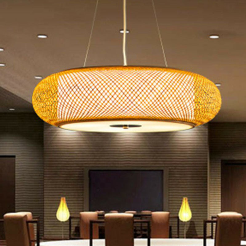 Rounded Drum Restaurant Chandelier Lighting Bamboo 3 Bulbs Minimalist Pendant Light in Wood Clearhalo 'Ceiling Lights' 'Chandeliers' Lighting' options 2248414