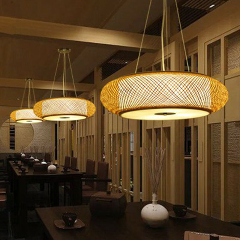 Rounded Drum Restaurant Chandelier Lighting Bamboo 3 Bulbs Minimalist Pendant Light in Wood Clearhalo 'Ceiling Lights' 'Chandeliers' Lighting' options 2248415